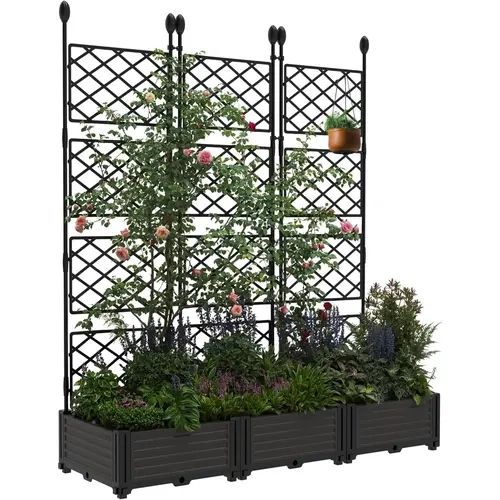 Garvee Set of 3 Polypropylene Grid Outdoor Raised Plant Boxes - 49.61" Wide Grow, 3-Box Privacy, Vine-Climb Support, Vine-Ready Trellis, Durable, Weather-Resistant, Built-In Reservoir, Easy Assembly (49.61x16.54x62.99in) for Backyard, Balcony