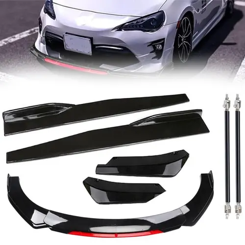 Garvee Front Bumper Lip Spoiler & Side Skirt Extensions Body Kit - 1.9M Wide Durable ABS Plastic Air Dam, Impact Protection, Scratch Resistance, Sporty Design Upgrade, for Sedans/Small Cars, Glossy Black/Red, Includes Screws