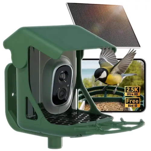 CINMOORE ABS Solar Powered Bird Feeder Camera with Solar Panel, 2.5K HD Live Feed, 2.4GHz WiFi, 30-Day Free Cloud Storage, 3.65V, Automatic Bird Recognition, Motion Alerts, Phone App Monitoring, IP65 Waterproof Outdoor Backyard Gift for Enthusiasts