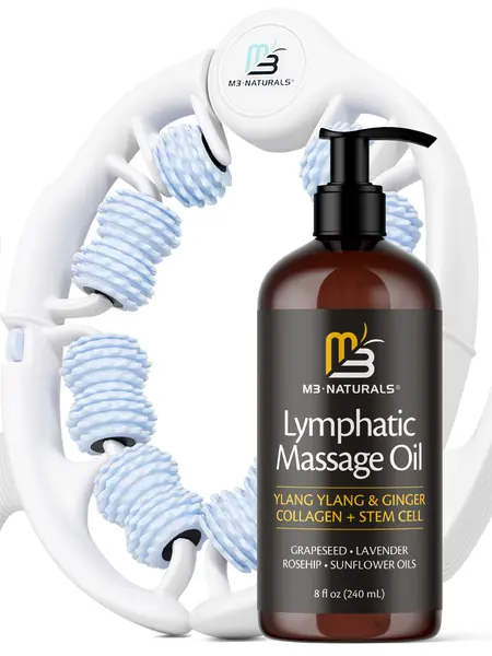 Lymphatic Drainage Massage Oil + Body Roller Kit, with Ylang Ylang, Ginger, Collagen & Stem Cells for Circulation, Detox, Cellulite Removal, Sore Muscle Relief & Skin Firming, 8oz by M3 Naturals Body Care Relaxation Daily Body Oils