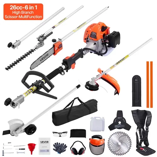 VEVOR 26cc Engine 6-in-1 Handheld Gas Hedge Trimmer, 30 in/762 mm Extension Pole, Rubber Grip, 8500 RPM, Protective Gear Set - 3T & 40T Blades, Adjustable Head, Easy Cuts for Yard Tasks