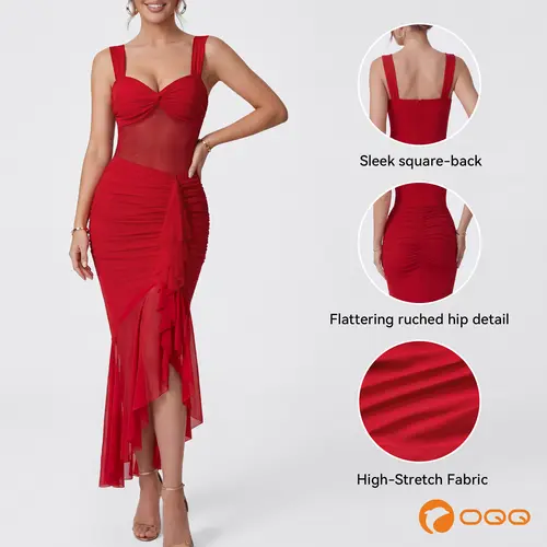 OQQ Women’s Sleeveless Fitted Formal Wear Maxi Dress - Polyester, Romantic Ruched, Soft Mesh Stretch-Splice, Asymmetrical Ruffle Hem, Classy Dress with Maxi Flow Movement