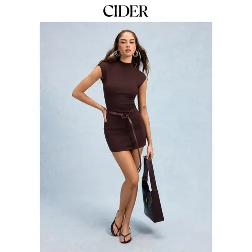 Cider Napoleonic Core Knit Stand Collar Straight Mini Dress With Belt Napoleon