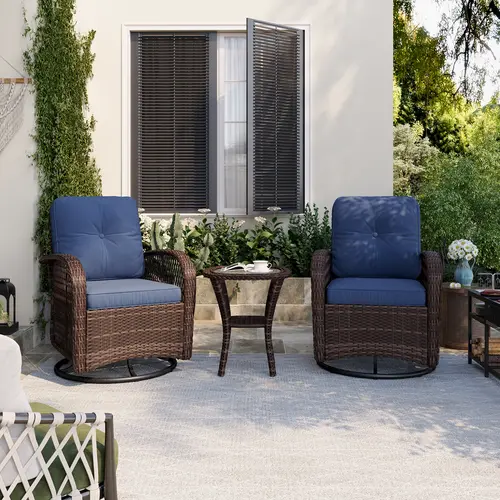 Aoxun 3-Piece Waterproof Wicker Rattan Bistro Set - Outdoor Living 2-Seat Swivel Rocker Chairs with Thick Cushions, Side Table for Quick Meals, Assembly Required Front Porch Garden Furniture Set, Wicker Rattan Set