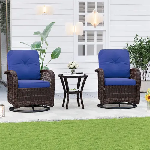 AOXUN Durable Modern 3-Piece Outdoor Patio Furniture Set - Wicker Bistro Chaise Lounge Set with 2 Rolling Swivel Rocker Chairs, Table, Thick Waterproof Cushions, Assembly Required for Balcony, Backyard