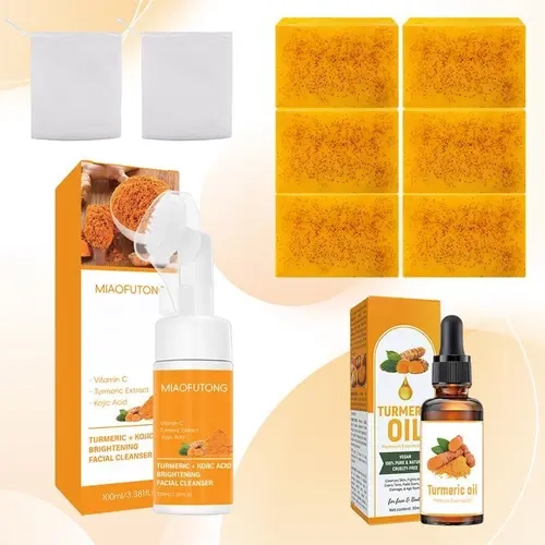 ORKKACD 3-Piece Turmeric Face Wash Multi-Pack Skincare Cleansing Set - Facial Cleansing Mousse, Deep Cleansing Soap, Turmeric Essential Oil, Gentle Exfoliation, Moisturizing Soft Skin