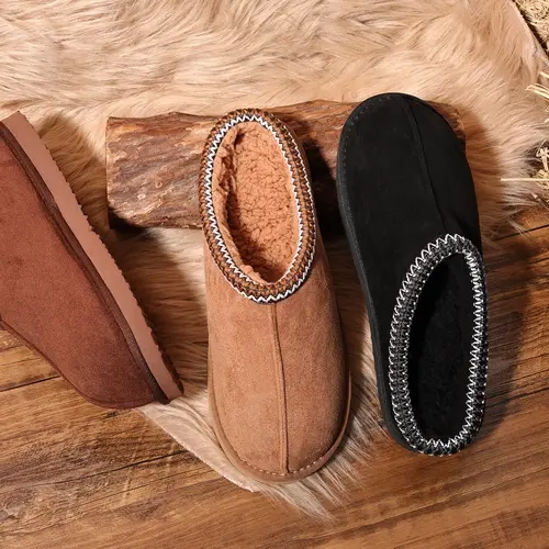 OOW Men's Fuzzy Suede Leather Slippers Winter Warm Memory Foam Non-Slip Outsole Indoor Outdoor House Shoes Chestnut Classic Decor Breathable Suede Uppers Soft Plush Lining - Footwear