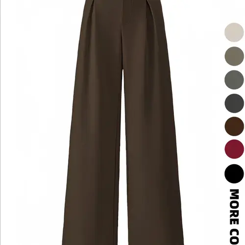 Women's Solid Color Plicated Pocket High Waist Wide Leg Minimalist Pants, Elegant Zipper Fly All Seasons Trousers for Work Office Business, Ladies Spring & Fall Clothes, Bottom, Basic, Womenswear, High Waistband Pants