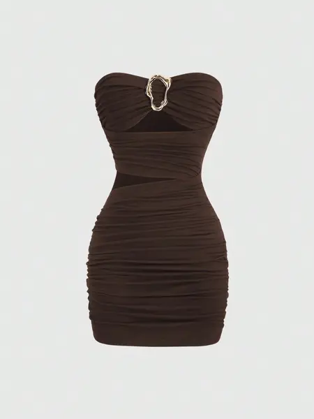 Women's Sexy Lady Bodycon Strapless Mini Dress Womenswear with Metal Buckle, Stylish, Chic, Fashion and Slim Fit, Perfect for Parties and Events