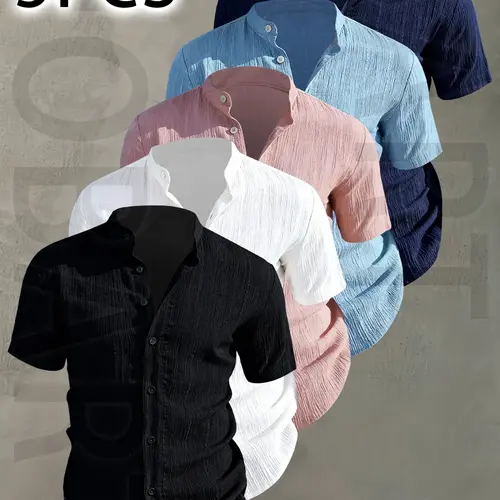 5pcs Men's Summer Short Sleeve Shirt - Lightweight Breathable Solid Color Button-Up Casual Shirt with Stand Collar, Low-cut collar designr Beach Vacation, Pool Party & Casual Attire, Beach Shirt, gift for husband