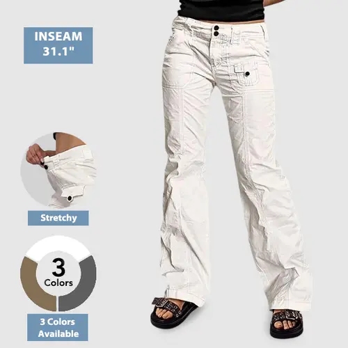 Flamingals Solid Seam Front Patch Pocket Mid Rise Straight Leg Pants Women