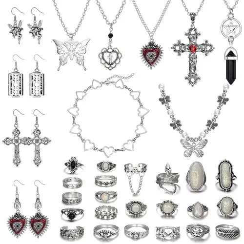 YADOCA 33Pcs Grunge Vintage Punk Necklace Jewelry Set Gothic Earrings Fairy Butterfly Boho Crystal Y2k Cross Pendent Butterfly Heart Choker Goth Stackable Knuckle Rings Adjustable Y2k Accessories for Women Men