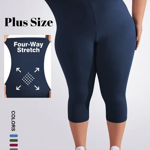 Plus Size Women's 3/4 Leggings, Stretchy Design, Soft Fabric, Breathable, Suitable for Summer Wear, Solid Color Style for Comfort and Style