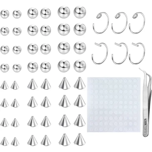 YADOCA Unisex 3mm/4mm 316L Silver Stainless Steel Non-Piercing Body Jewelry Set - Fake Nose Rings Set, Geometric Lip/Eyebrow Studs, Tweezers, Temporary Ear Pieces, 100-Piece Sticker (One Size, Ideal for Daughters' Birthday, Party)