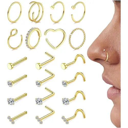 YADOCA 20Pcs Hypoallergenic Surgical Steel Nose Piercings Jewelry Set - 18g(1mm)-20g(0.8mm), 4pcs Straight Studs, 8pcs Hoops, L-Shape CZ Zirconia Studs, 14K Gold Plated Geometric/Star Heart Unisex Pieces for Women's Daily Outfits