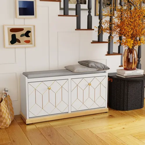 HLR MDF Frame Storage Bench with Cushion, Flip Doors, Adjustable Shelves & Scratch-Resist Top - Durable Compact Depth Contemporary White-Gold Organizer for Entryway, Bedroom - Easy Assembly Small Space Sit-to-Change Solution for Daily Routines