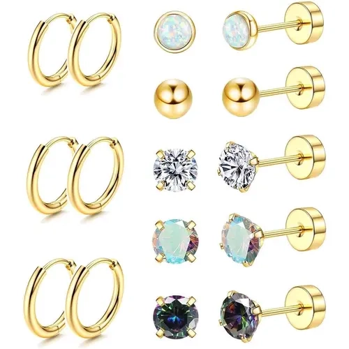 YADOCA 20G Earring Stacking Set for Women - Hypoallergenic Surgical Steel Body-Safe Pieces, Small Opal Ball, Cubic Zirconia, Flat Back Cartilage Stud & Hoops, Birthday Gift Idea