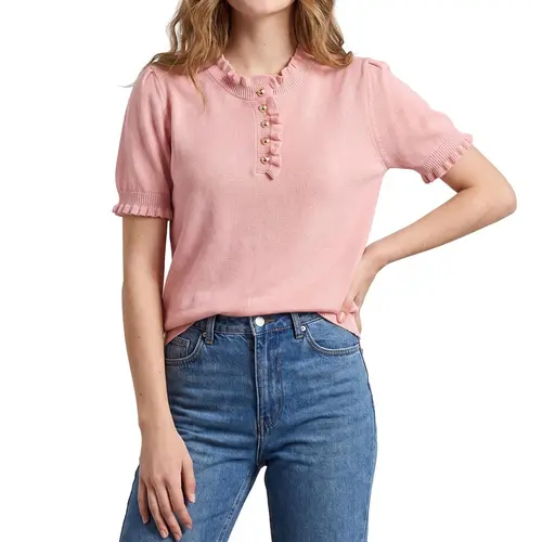 Shewin Women's Ruffle Trim Short Sleeve Knit Soft Top - Crew Neck, Half Buttons, Lightweight, Feminine, Adjustable, Basic Fit, Breathable Casual Pullover Blouse, Back to School Outfits