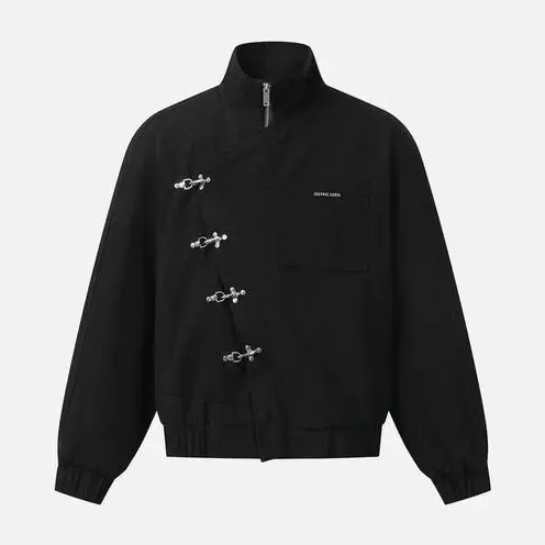 Aelfric Eden Unisex Cotton Boxy Jacket - Long Sleeve, Stand Collar, Metal Buttons, Slant Placket, Retro Y2K Vintage Streetwear for Party, Back to School First Day Outfits