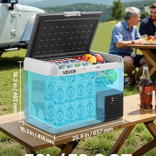 VEVOR 52.8QT 12V Portable Compressor Refrigerator-Freezer, 12/24V DC & 100-240V AC, -4~68°F Adjustable Temp, 20min to 32°F Fast Cooling, Energy Efficient for Trips, Stores Snacks & Seafood, Both Travel & Camping Use