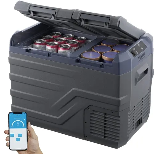 VEVOR 32L Dual Zone Compact Mini Refrigerator, 12/24V DC Power & 100-240V AC Compressor Cooler, -4℉ to 68℉ Adjustable Digital Cooler for Truck, Small Spaces, Camping, 2h Rapid Freeze, 45db Quiet Run