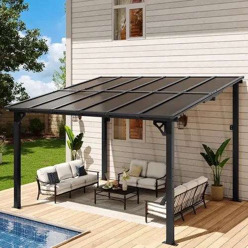 Aoxun Sturdy Lean-to Gazebo - Multiple Sizes Hardtop Pergola with Steel/Alum. Frame, Wall-Mounted Outdoor Awning (8FTx5FT to 14FTx10FT) for Patio & Backyard, UV-Protective, Weatherproof, Interlock Panels, Heavy-Duty Performance, Aluminum