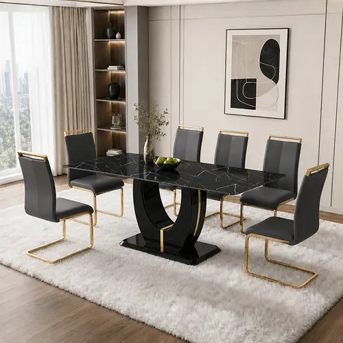 MUUOKY 7-Piece Dining Table Set with Chairs, Rectangle Gray Faux Marble Table & PU Leather Chairs, Ideal for Dining Room, Kitchen (Weekly Picks), Chairs Dining Table
