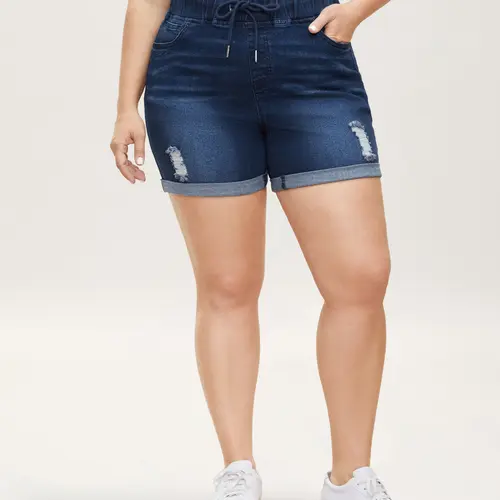 BLOOMCHIC Women's plus size denim shorts[M-6X] - Distressed, Drawstring, Roll Hem, Elastic Comfy Waist, Flattering Fit, Pocket, Curvy Clothing,hot girl summer outfit,2026 Summer Everyday Wear,Spotlight,Summer wins,Deals for you days,Bottom Womenswear Leg