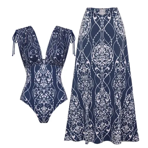 FLAXMAKER Women's V Neck Shoulder Drawstring Blue   Tile   Print One Piece Swimsuit with Matching Cover Skirt Set Swimdress Stylish Beachwear, Stylish Swimdress, Skirt Style Beachwear, Flowy Bathing Suits