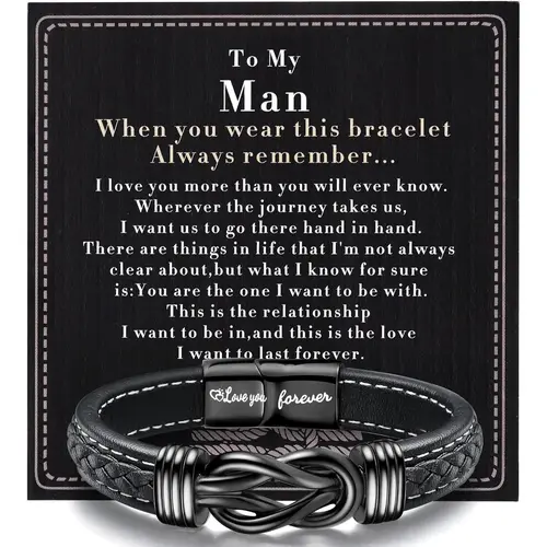 YADOCA Men's Engraved Leather-Stainless Steel Infinity Knot Cuff Bracelet - Love Bracelet, Boyfriend Birthday Gift, Guys Gifts for Anniversary Occasions