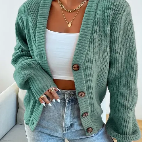 Women's Casual V-Neck Knit Button Cardigan Knitwear, Loose-Fitting Long Sleeve Sweater for Fall & Winter, Simple Solid Color Daily Wear Womenswear