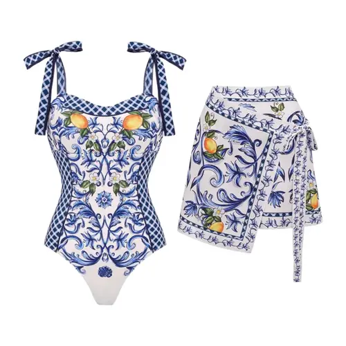 FLAXMAKER Women's Bowknot Shoulder Lemon Print One Piece Swimsuit and Matching Cover Mini Skirt Set Swimdress Stylish Beachwear Bathing Suit Swimoutfit #Summervibes #SwimWeek