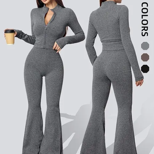 Women's Ribbed Yoga Set, Sportswear Set with Long Sleeve Zip Jacket and High Waist Wide Leg Pants, All Season Athletic Activewear for Fitness and Leisure, Gym Outfits, Sports Clothing Set