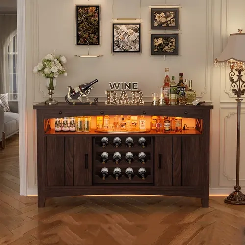 47" Farmhouse Industrial Wine Bar Cabinet - Power Outlets, LED Lights, 28+ Bottles Fit, 3 Removable Racks, Adjustable Stemware Shelves, Polished Metal Rivets, Movable Rack for Quicker Pours, Storage Shelves, Display Curio Cabinet, Wood
