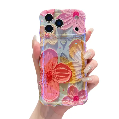 Colorful Oil Painting Floral Case for iPhone 18 Pro Max 17 16 15 14 13 Pro Max, Glossy Iridescent TPU Cover with Wavy Edges, Cute Phone Case for Women Girls
