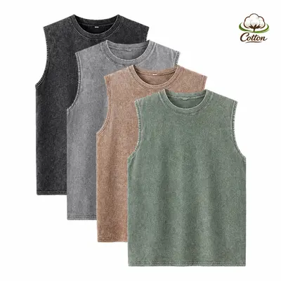 Men’s plus-size T-shirt set (4 pieces), made from heavyweight cotton fabric with a stone-washed distressed finish, crew neck, relaxed drop-shoulder design, reinforced ribbed trim. Retro street style, suitable for fitness wear, American high-street basic l