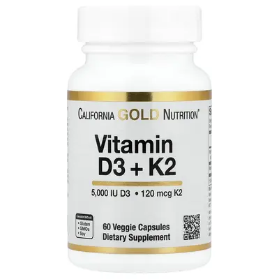 California Gold Nutrition Vitamin D3 + K2 as MK-7, 60 Veggie Capsules