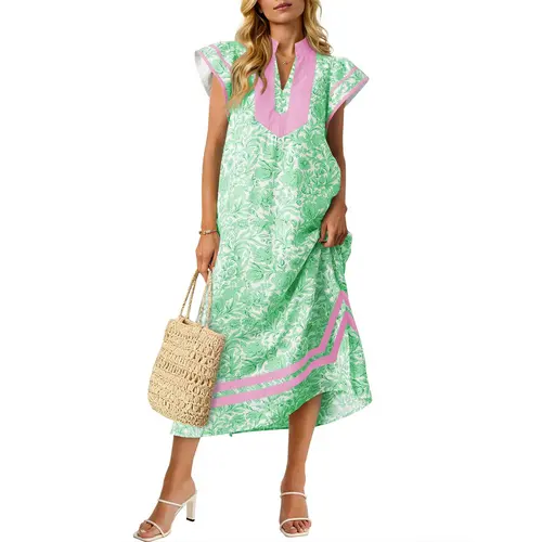 Wenrine Women's Elegant Feminine Soft Imported Woven Boho Maxi Dress - Casual Wear, Short Cap Sleeves, V-Neck, Colorblock, Side Slit, Loose Fit, All Over Floral Print, Pocket, Summer Brunch Beach Outfit