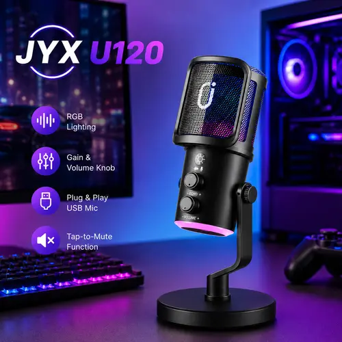 JYX U120 Compact RGB Gaming Microphone - Durable Metal USB-C True Plug&Play Mic with Noise-Canceling, Dynamic RGB Lighting, 1-Tap Mute, 0-Latency Voice Check, 3.5 mm Jack, Versatile Connection for PC, Mac, PS5, PS4, Streaming & Audio Recording