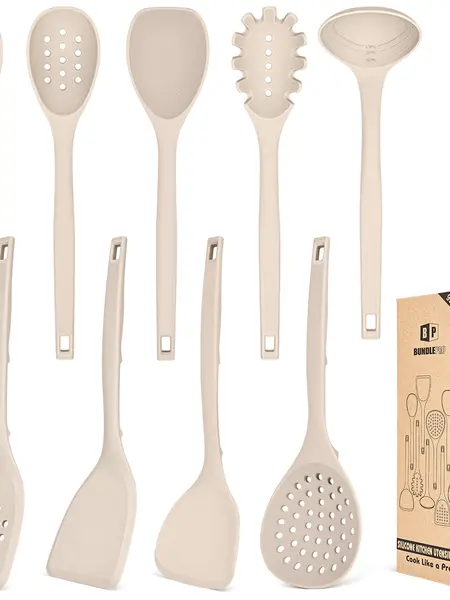Silicone Cooking Utensils Set, 9 Pcs Heat Resistant Kitchen Utensils with Back Hooks, BPA Free Kitchen Tools with Spatulas, Spoons, Skimmer and Pasta Fork for Non Stick Cookware