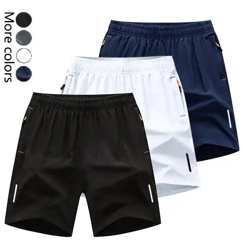 Men's quick-dry breathable shorts, casual sports style, wrinkle-resistant textured design, polyester blend solid color fabric, reflective strips, suitable for running, fitness, soccer, badminton, basketball, table tennis, weightlifting, and other sports.