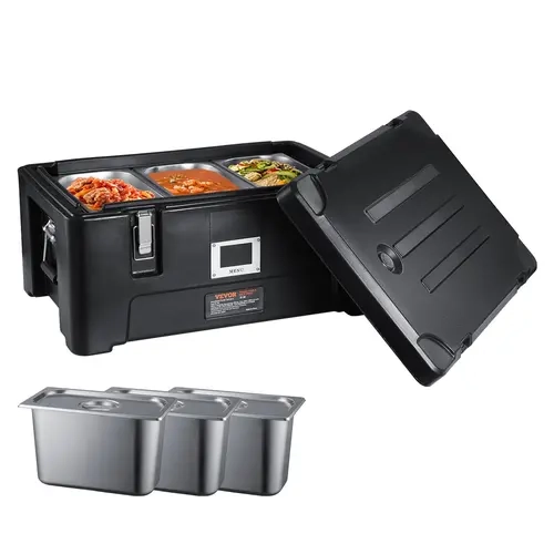 【Fallpicks】VEVOR Insulated Food Pan Carrier, 36Qt Capacity, Stackable Catering Hot Box with 3 Stainless Steel Pans, Top Load LLDPE Food Warmer with Elastic Side Handles and Buckles, for Restaurant Canteen, Black