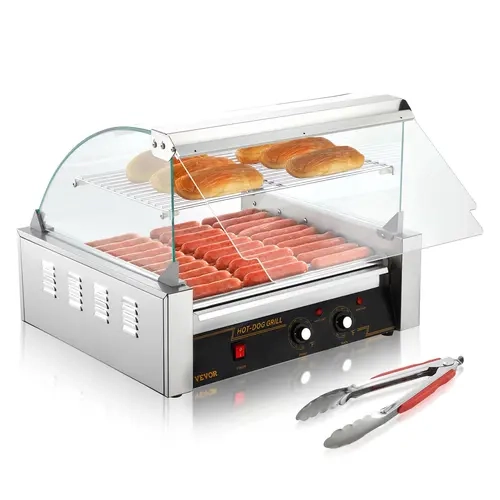 【Fallpicks】VEVOR Stainless Steel Hot Dog Roller Grill Cooker - 11 Rollers, 30 Hot Dogs Capacity, 1650W, Dual Temp Ctrl, Glass Hood, Acrylic Cover Bun Warmer Shelf, Removable Drip Tray, ETL Certified, Dishwasher Safe for Barbecues, Brush Included, Famil