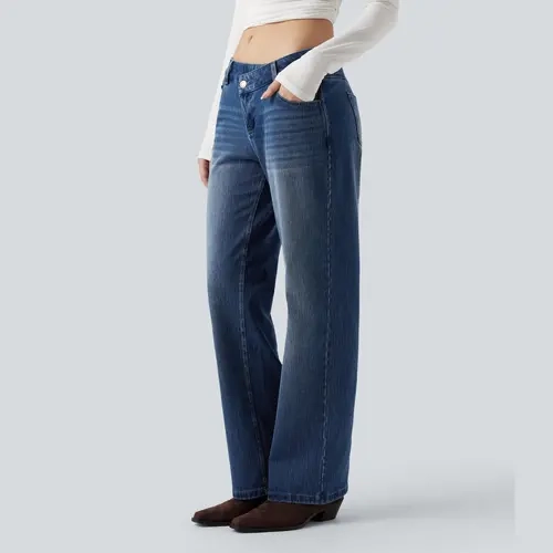 Halara Flex™ Asymmetric Low Rise Straight Leg Casual Jeans with Pockets