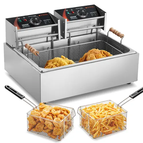 VEVOR Commercial Electric Deep Fryer - 3000W Adjustable Deep Frying Appliance, 18Qt/17L Stainless Steel Countertop Model with 3 Removable Baskets, Dual Heating, 230℃ Auto Shutoff, 140°F to 392°F Temp Range, Silver for Restaurant Use