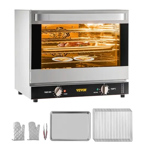 【Fallpicks】VEVOR Commercial Countertop Convection Oven - Kitchen Appliances, 66L/60Qt Half-Size 1800W Stainless Unit, 4 Wire Racks for Batch Cook, Dual-Wall Glass Door, Even Hotair Bake, 4 Stability Feet, 120V 5-15P Plug (Tray Included)