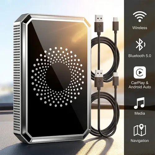 【TechVibes】Wireless CarPlay Video Box - 3-in-1 USB Drive Adapter, Car Accessories, Android Auto Ready, Hands-Free Voice Control, Support YouTube Streaming on Car Screen
