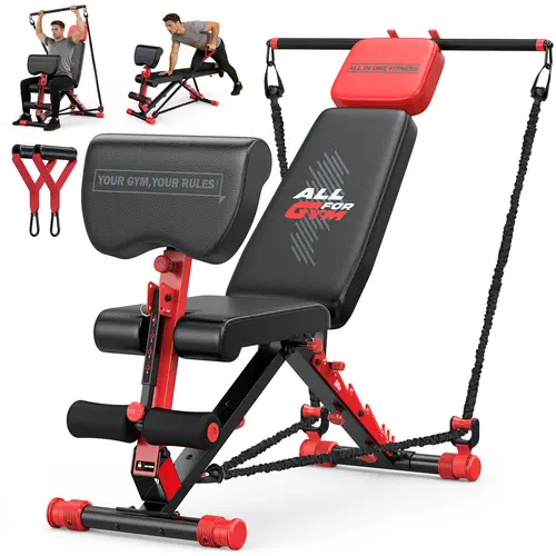Bearbro Adjustable Weight Bench with Heavy Tension Elastics for Home Gym Exercise Portable Strength Training Equipment