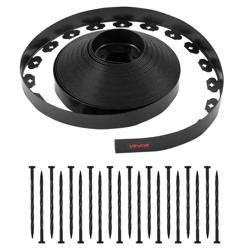 VEVOR No Dig Plastic Landscape Edging Roll, 100 ft x 1.6 in Flexible High-Strength PE, UV-Resistant, Cut-to-Fit, 120-Stake Accessory Kit for Home Gardens, Curved Beds, Garden Installations & Ground Anchoring