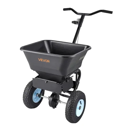 VEVOR Walk-Behind Push Lawn Spreader, 100lbs Cap. 56L Hopper, 0-9.8ft Spreading Width, 13-Inch All-Terrain Pneumatic Wheels, Included Hopper Grate, Corrosion-Free Gears, Excellent Grip, for Garden Seed, Salt, Heavy Duty Use, Minimizes Missing Parts Risk,